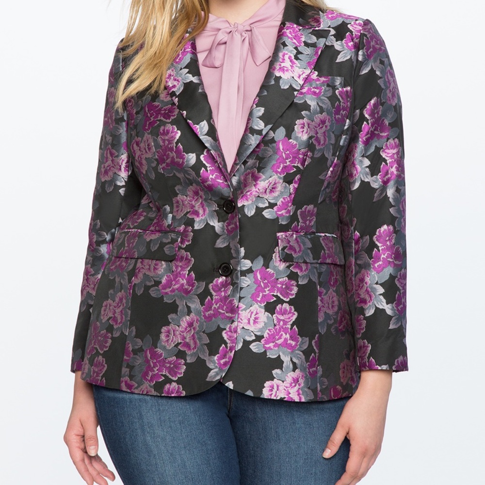 Eloquii Floral Blazer in Black and Pink
